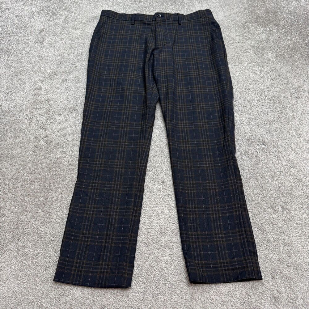 Zara Plaid Straight Dress Pants Mens 31 Blue Brown Check Stretch Trousers Slacks